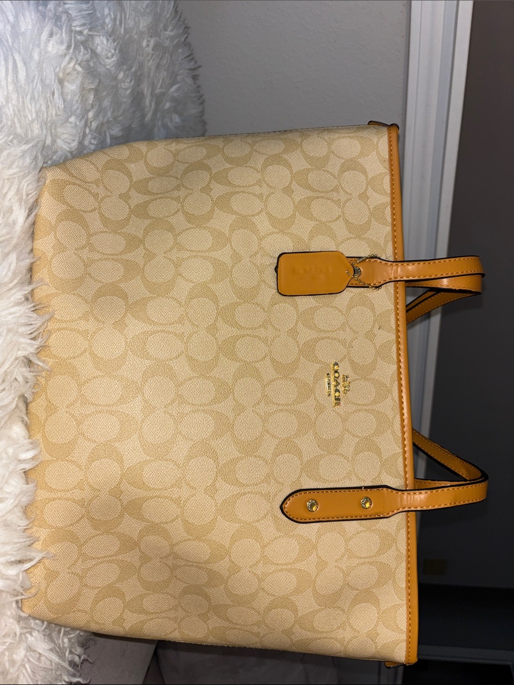 Coach Beige Signature Tote with Tan Trim and Gold Hardware